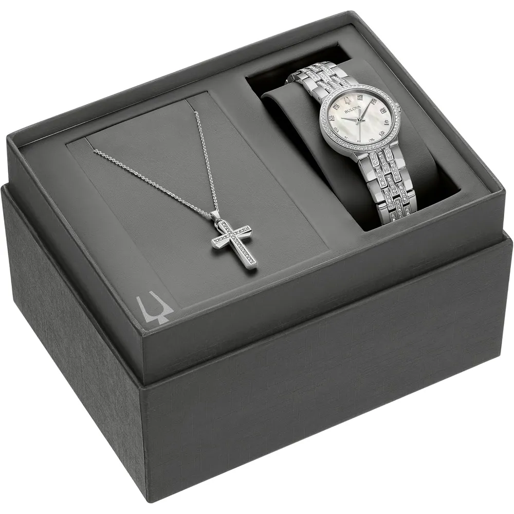 Conjunto Bulova mujer acero cuarzo 3 agujas collar | Plata