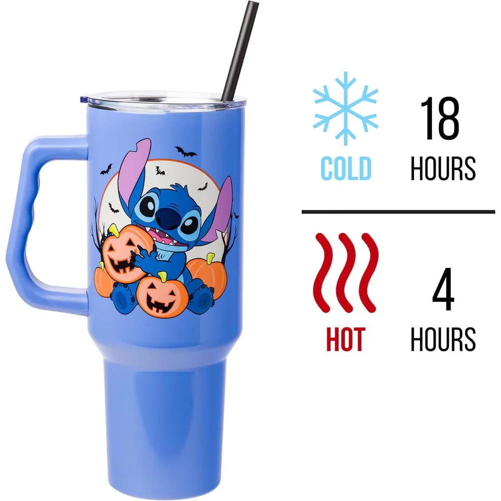Lilo & Stitch | Vaso de acero inóxidable con asa y pajita de 40 OZ | Azul