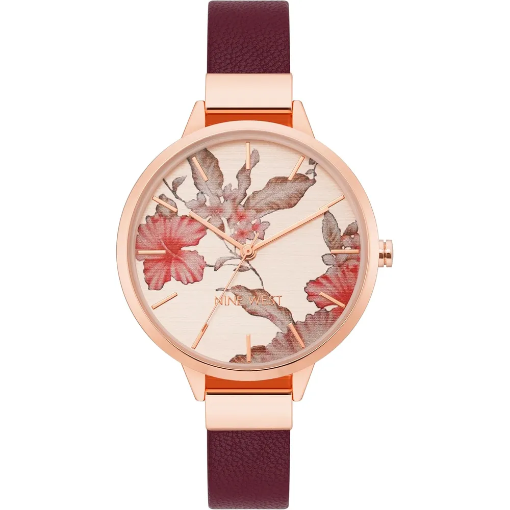 Nine West NW-2044FLBY reloj con esfera decorada y correa lisa para mujer | 38 mm - Oro rosa/Borgoña