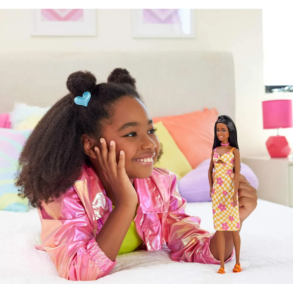 BARBIE FASHIONISTAS 233 MUÑECA VESTIDO CUADROS NARANJA
