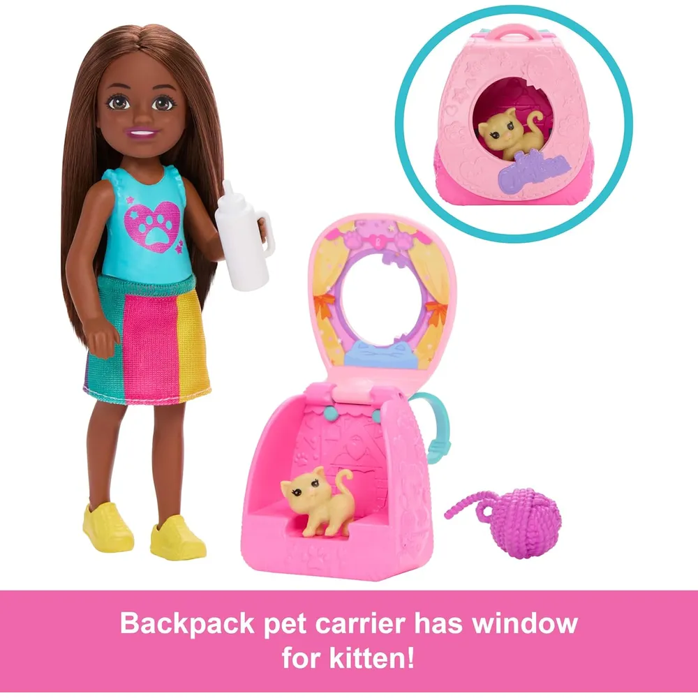 BARBIE CHELSEA MOCHILA GATITO SET CON MUÑECA Y ACCESORIOS