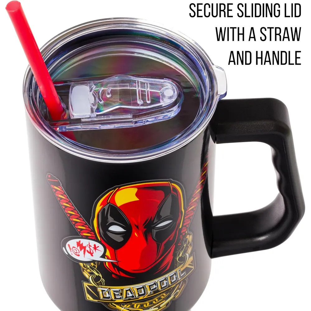 Marvel | Vaso de acero inóxidable con asa y pajita de 40 OZ | Deadpool