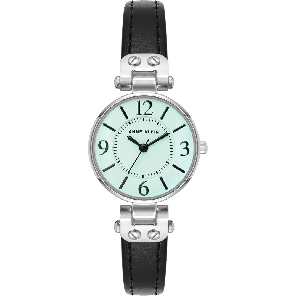 Anne Klein 109442CHHY reloj para mujer con correa de cuero | 45 mm - Negro/Plata/Aguamarina