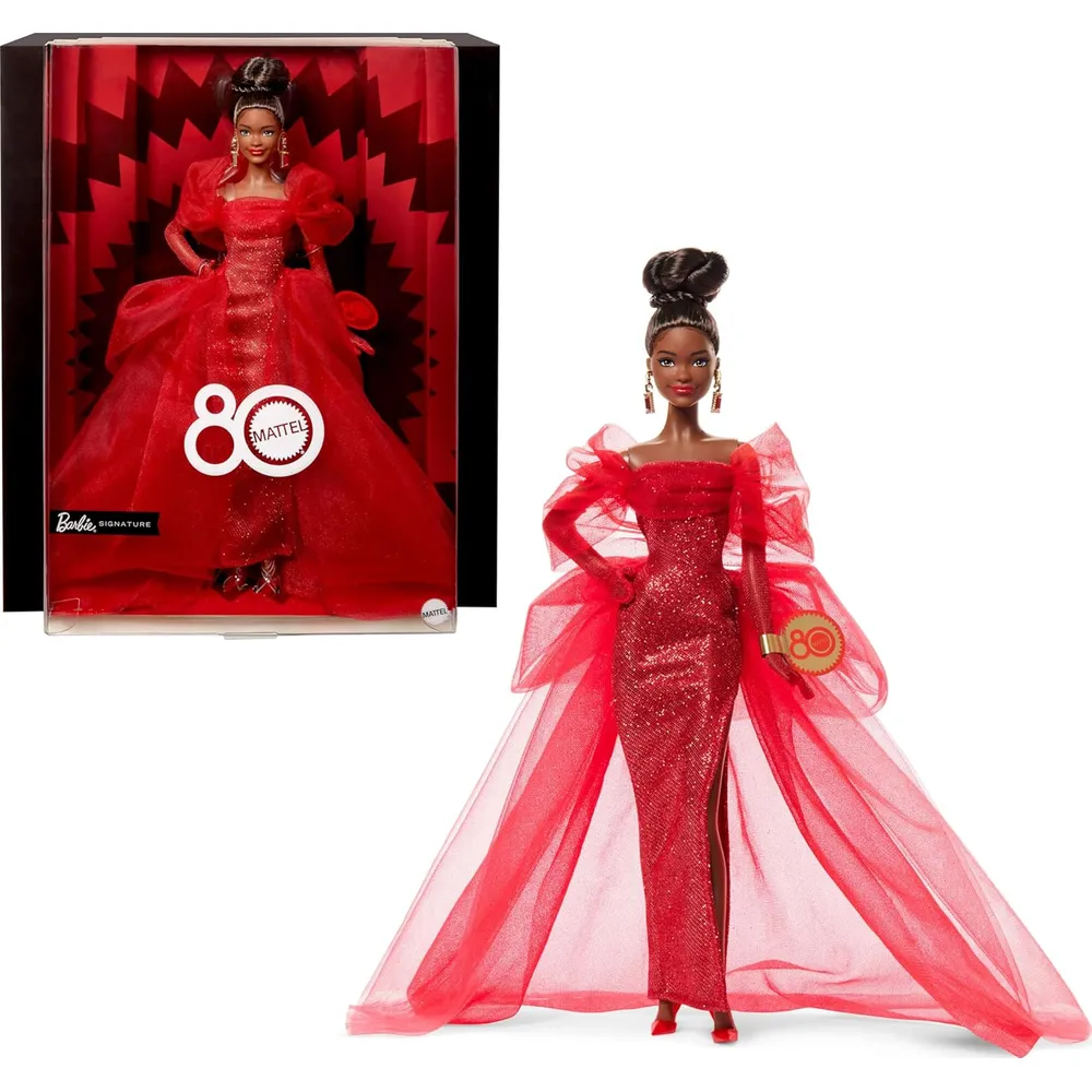 BARBIE SIGNATURE 80 ANIVERSARIO MUÑECA MORENA VESTIDO ROJO