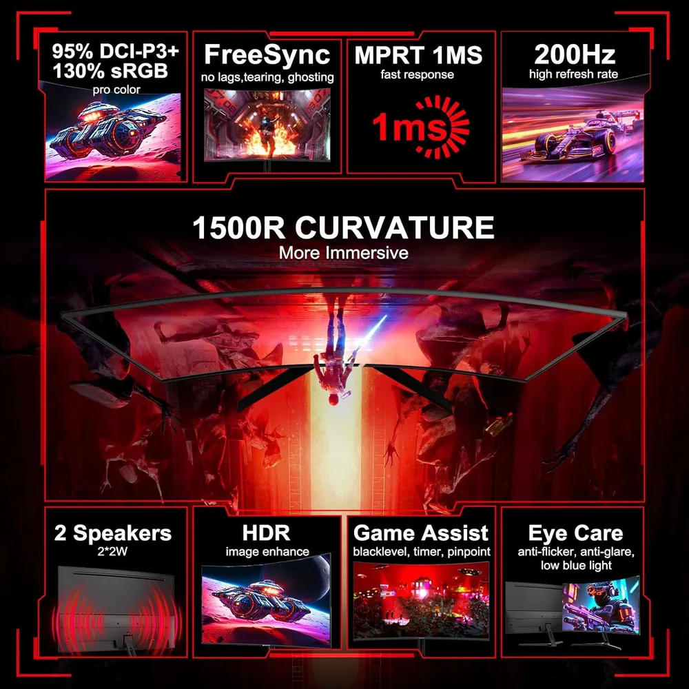 Sansui 27" FHD 200 Hz Curvo 1 ms FreeSync HDR Parlantes VESA