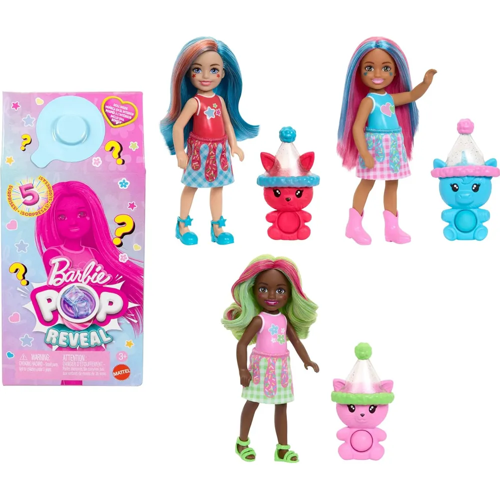 BARBIE CHELSEA POP REVEAL SHAKES MUÑECA CON MASCOTA Y SORPRESAS