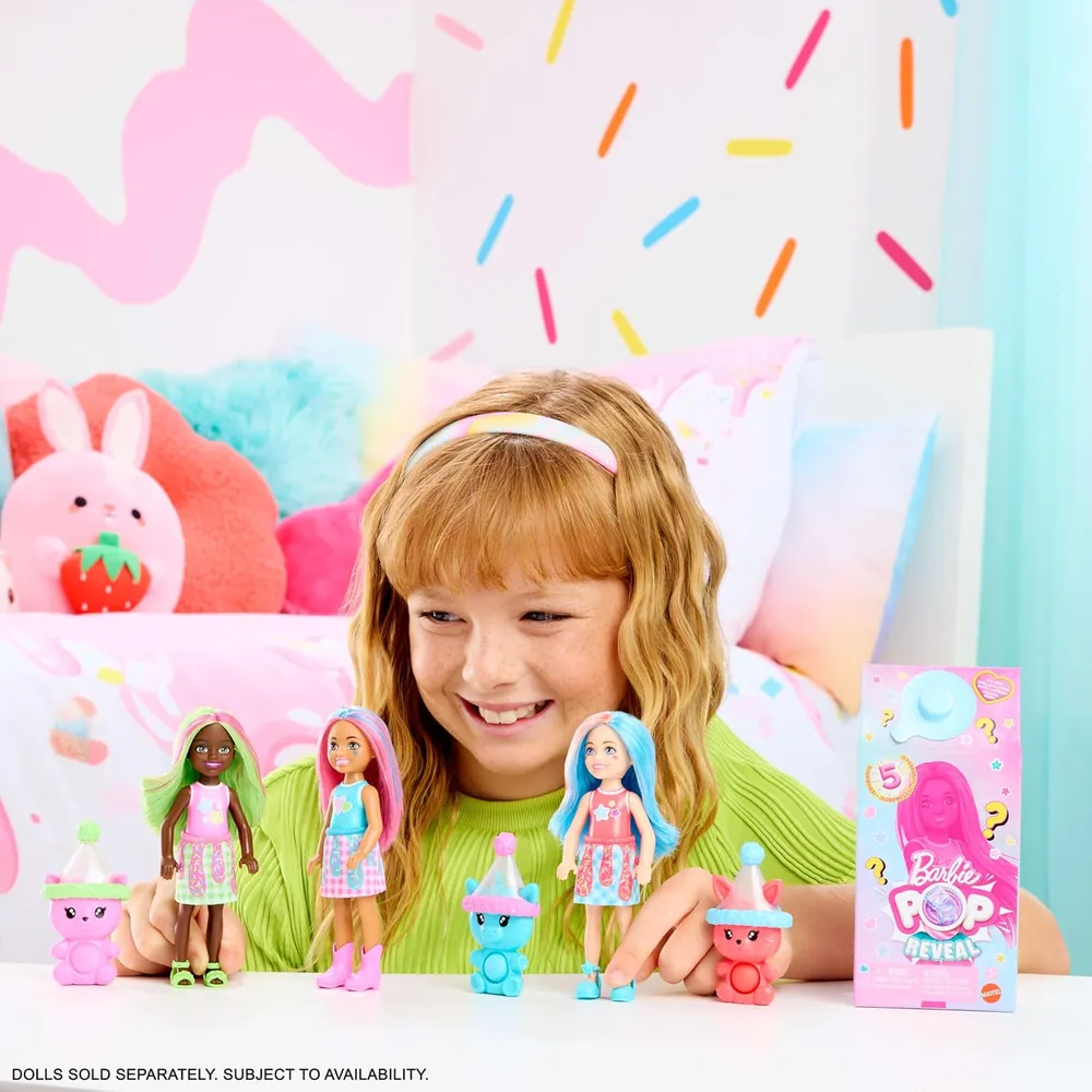 BARBIE CHELSEA POP REVEAL SHAKES MUÑECA CON MASCOTA Y SORPRESAS