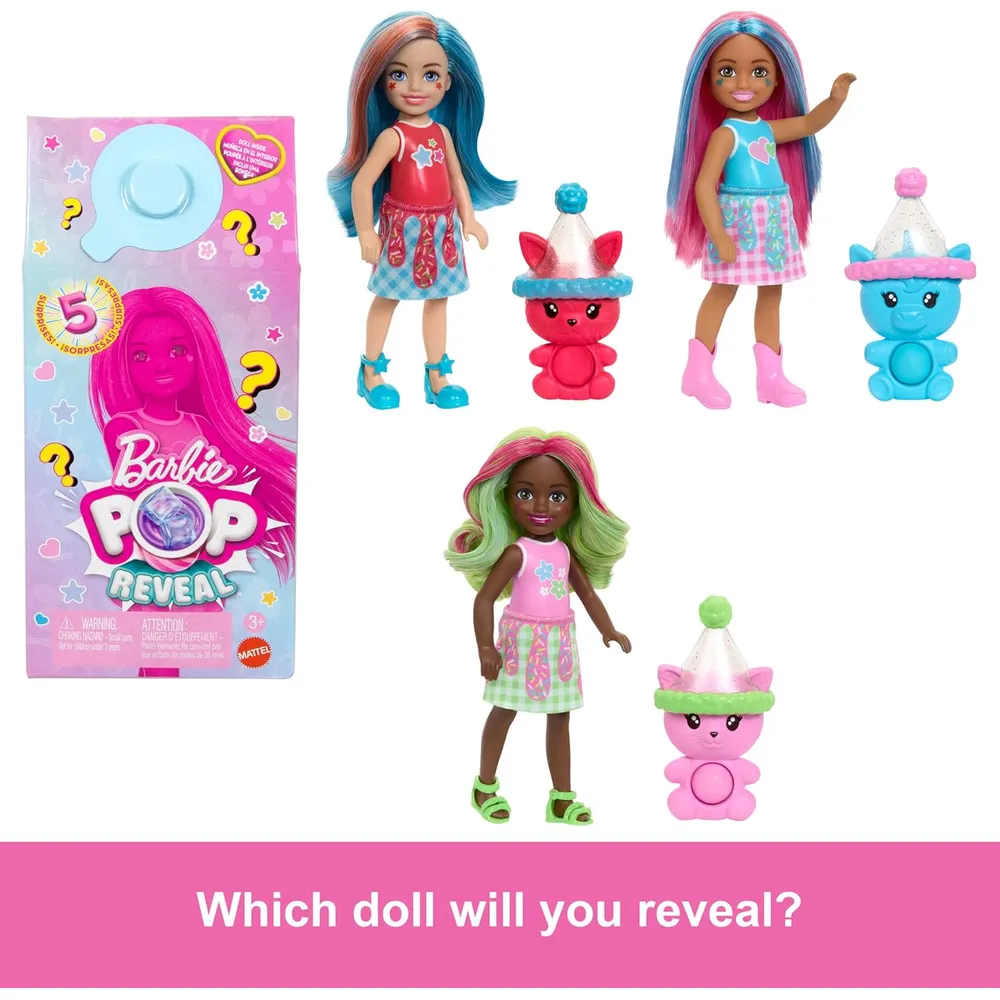 BARBIE CHELSEA POP REVEAL SHAKES MUÑECA CON MASCOTA Y SORPRESAS