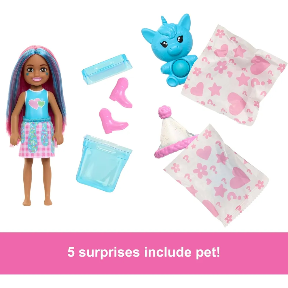 BARBIE CHELSEA POP REVEAL SHAKES MUÑECA CON MASCOTA Y SORPRESAS