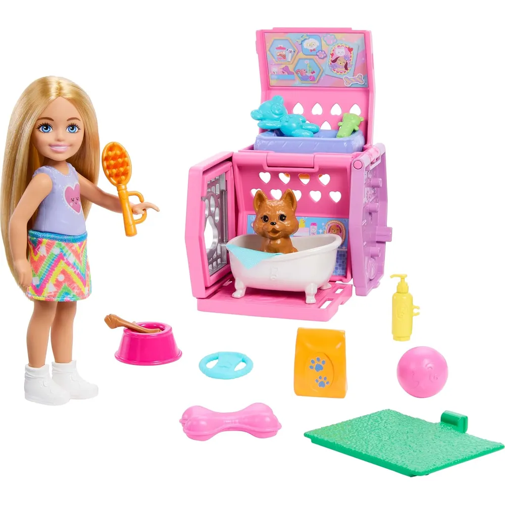 BARBIE CHELSEA PUPPY CARRIER MUÑECA RUBIA CON ACCESORIOS