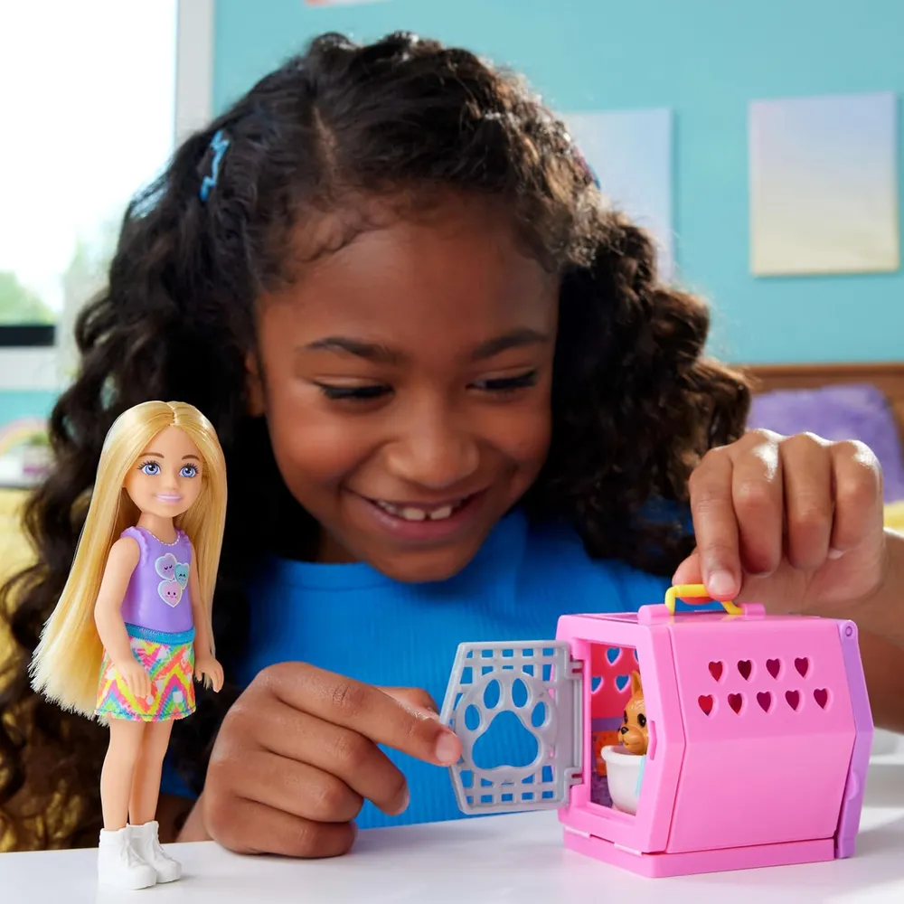 BARBIE CHELSEA PUPPY CARRIER MUÑECA RUBIA CON ACCESORIOS