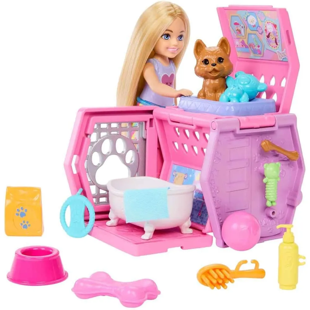 BARBIE CHELSEA PUPPY CARRIER MUÑECA RUBIA CON ACCESORIOS