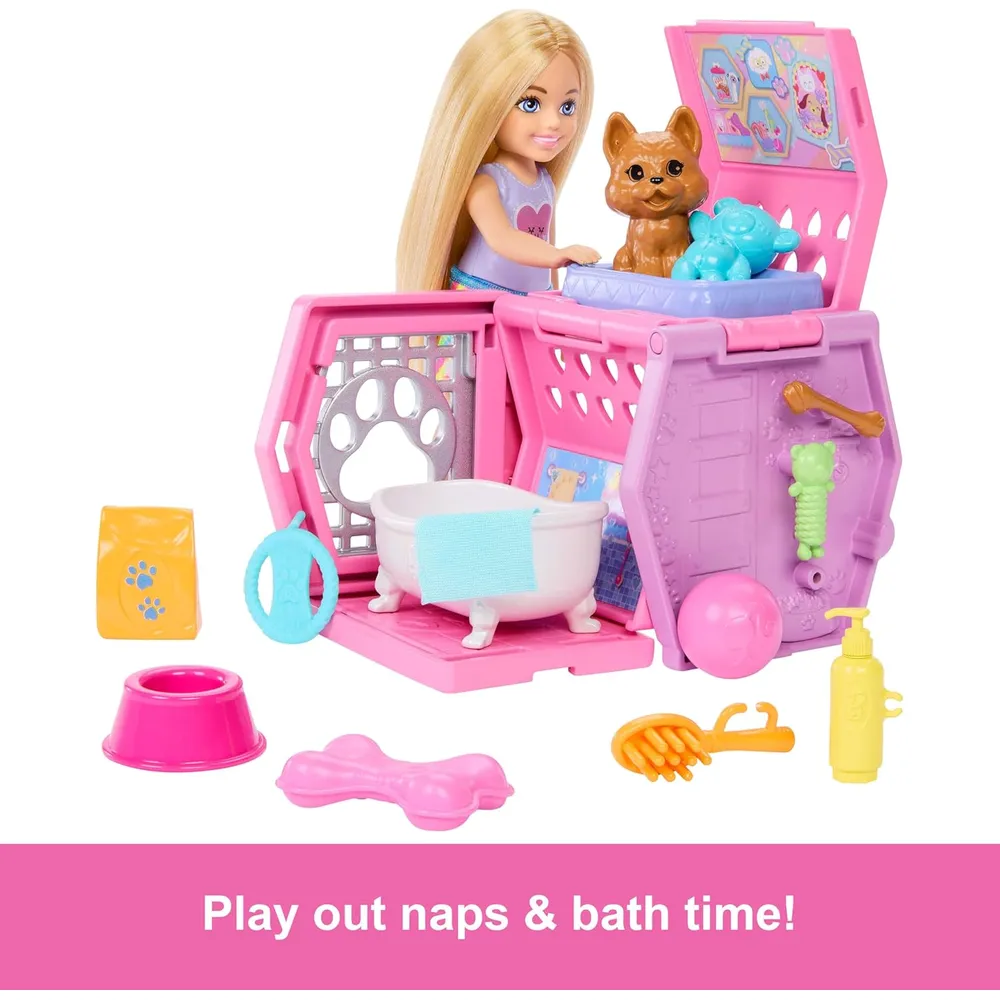 BARBIE CHELSEA PUPPY CARRIER MUÑECA RUBIA CON ACCESORIOS