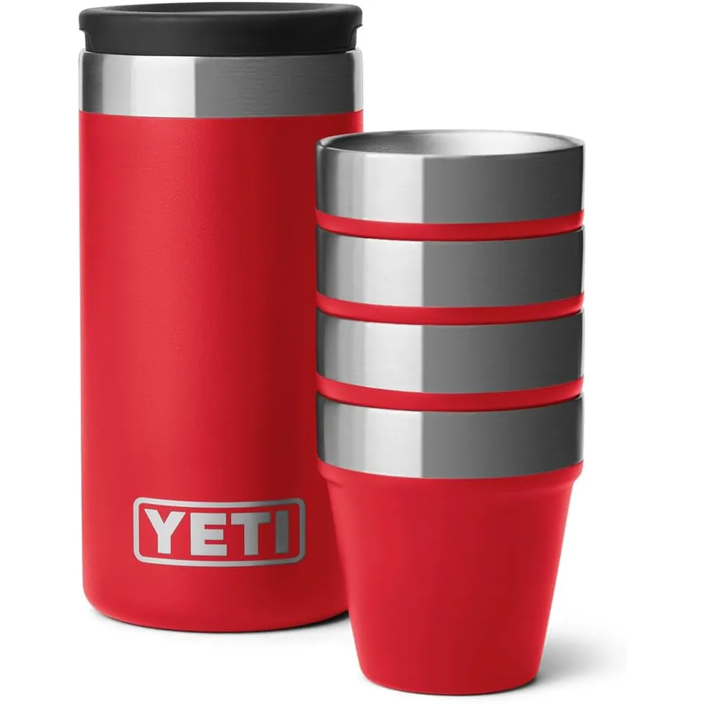 YETI Rambler Juego de 4 vasos de chupito con estuche de transporte color rojo