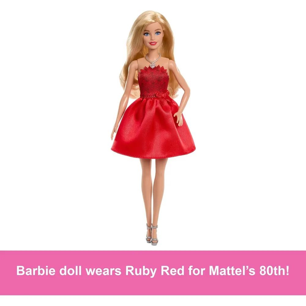 BARBIE 80 ANIVERSARIO MUÑECA RUBIA VESTIDO ROJO