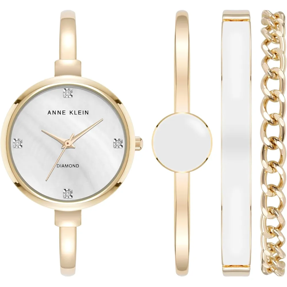 Anne Klein AK/1470GNST reloj femenino con set de pulseras | 32 mm - Blanco/Dorado