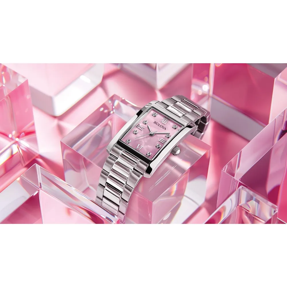 Bulova reloj clásico mujer cuarzo 3 agujas diamantes acero rectangular | Plata