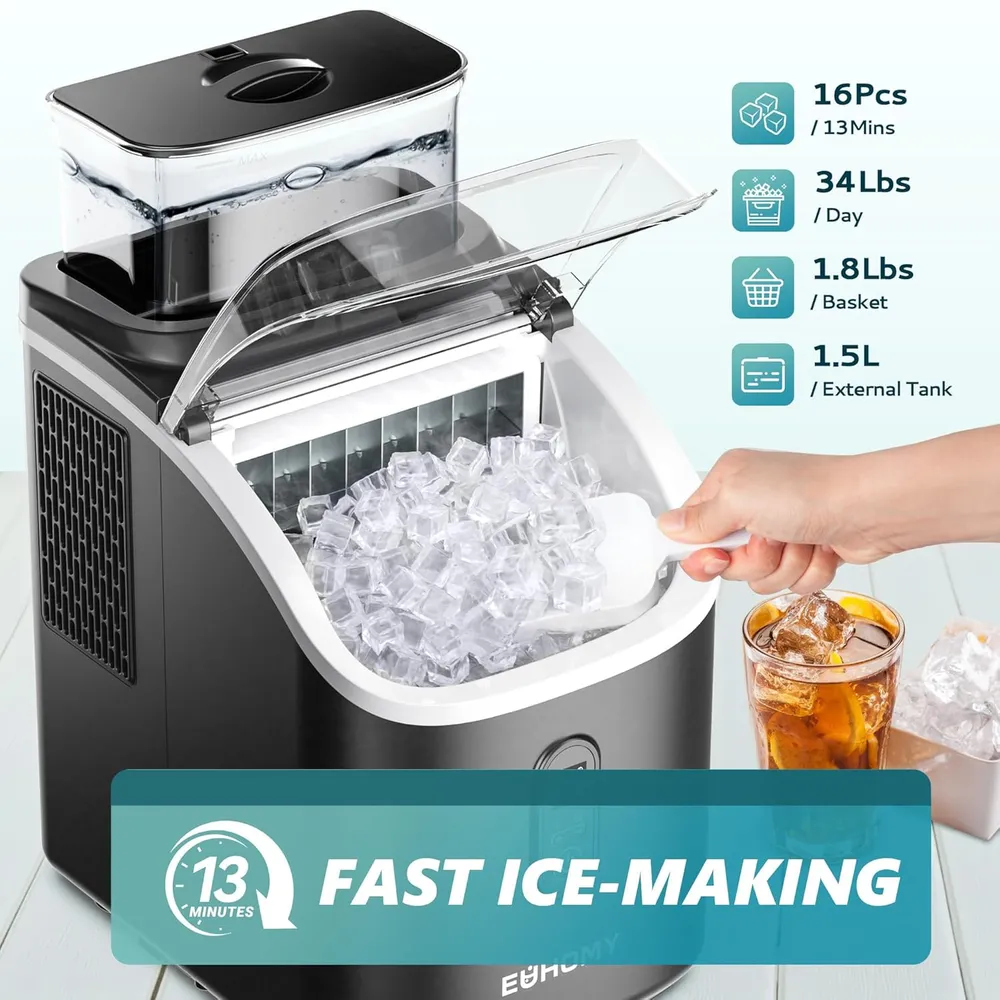 EUHOMY IM-FM MÁQUINA DE HIELO CON TANQUE EXTERNO 34 LB/24H | NEGRO