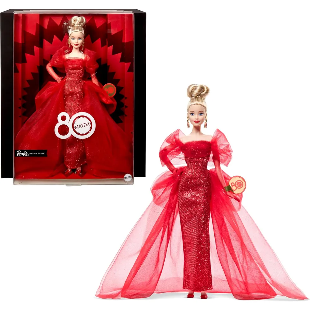 BARBIE SIGNATURE 80 ANIVERSARIO MUÑECA RUBIA VESTIDO ROJO TUL
