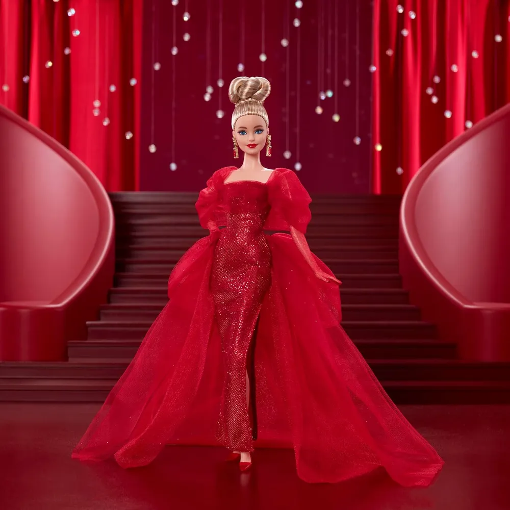BARBIE SIGNATURE 80 ANIVERSARIO MUÑECA RUBIA VESTIDO ROJO TUL