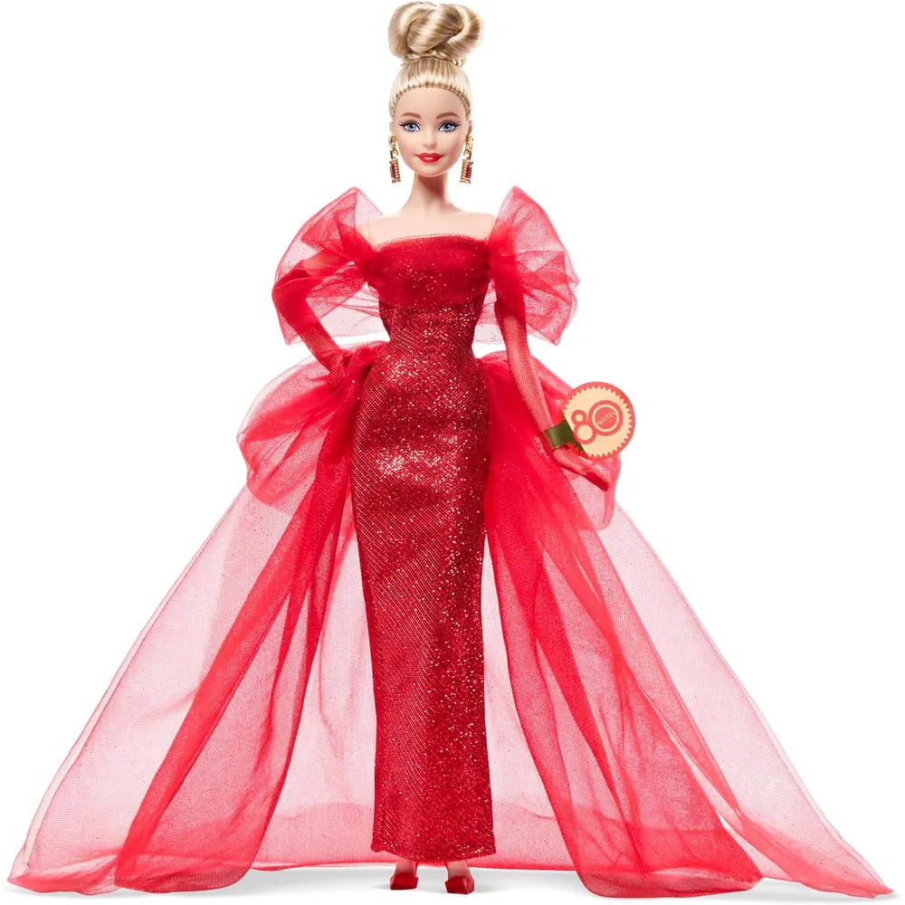 BARBIE SIGNATURE 80 ANIVERSARIO MUÑECA RUBIA VESTIDO ROJO TUL