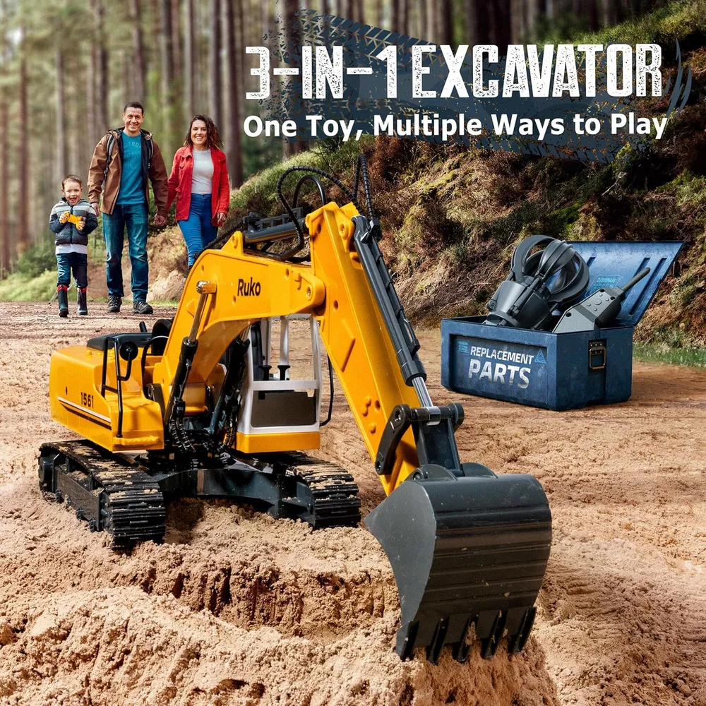 Ruko 1561 excavadora RC 3 en 1, metálica con luces y sonidos