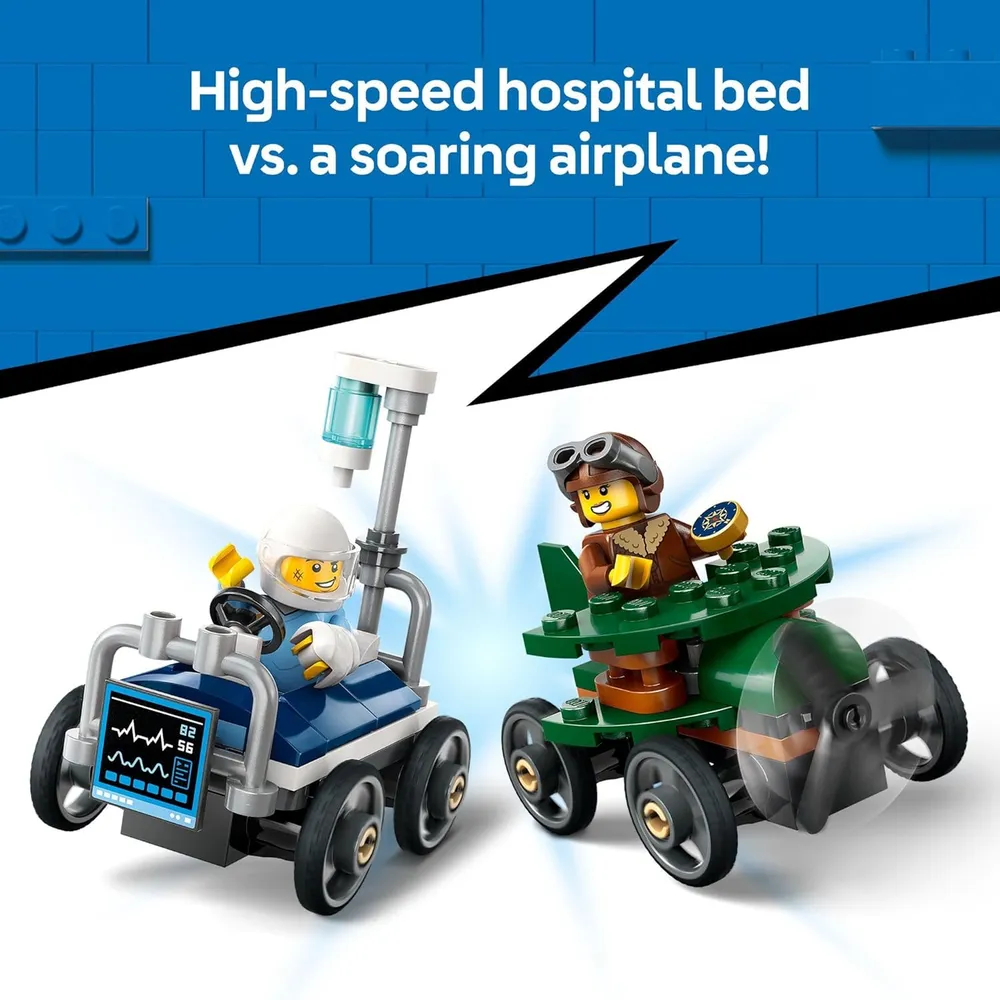 Lego City Carrera de aviones contra camas de hospital, set de construcción