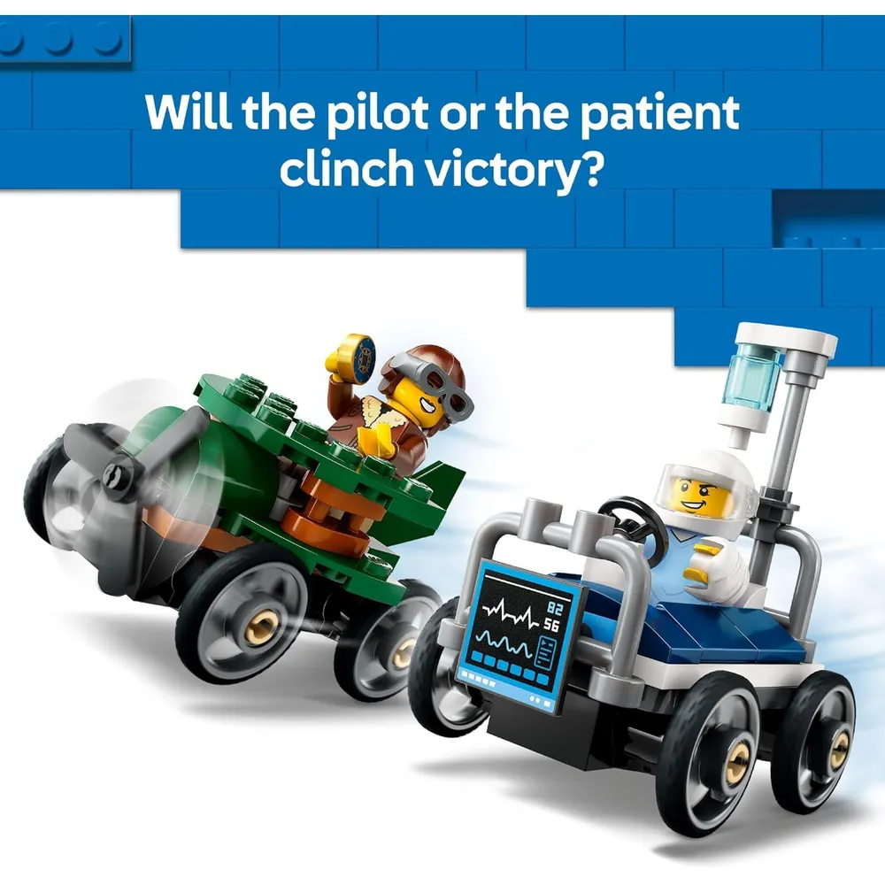 Lego City Carrera de aviones contra camas de hospital, set de construcción