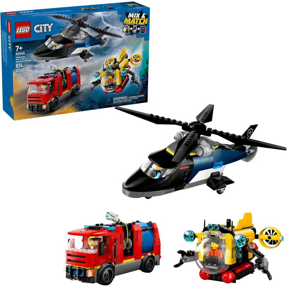 LEGO CITY HELICÓPTERO, CAMIÓN DE BOMBEROS Y SUBMARINO CON 3 MINIFIGURAS