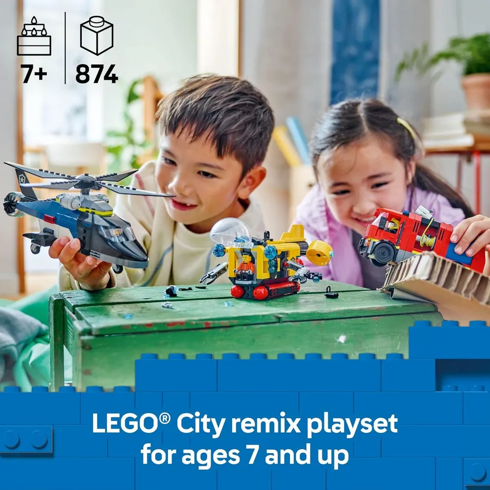 LEGO CITY HELICÓPTERO, CAMIÓN DE BOMBEROS Y SUBMARINO CON 3 MINIFIGURAS