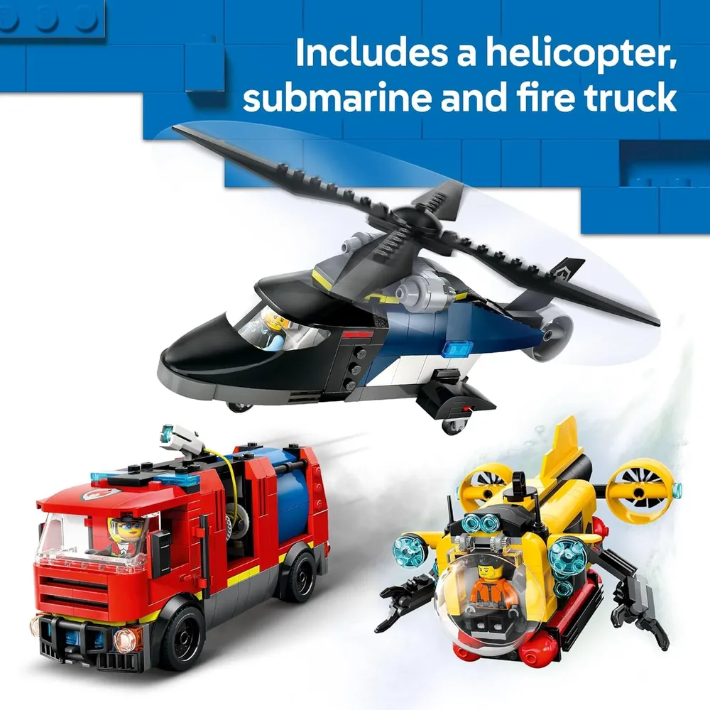 LEGO CITY HELICÓPTERO, CAMIÓN DE BOMBEROS Y SUBMARINO CON 3 MINIFIGURAS