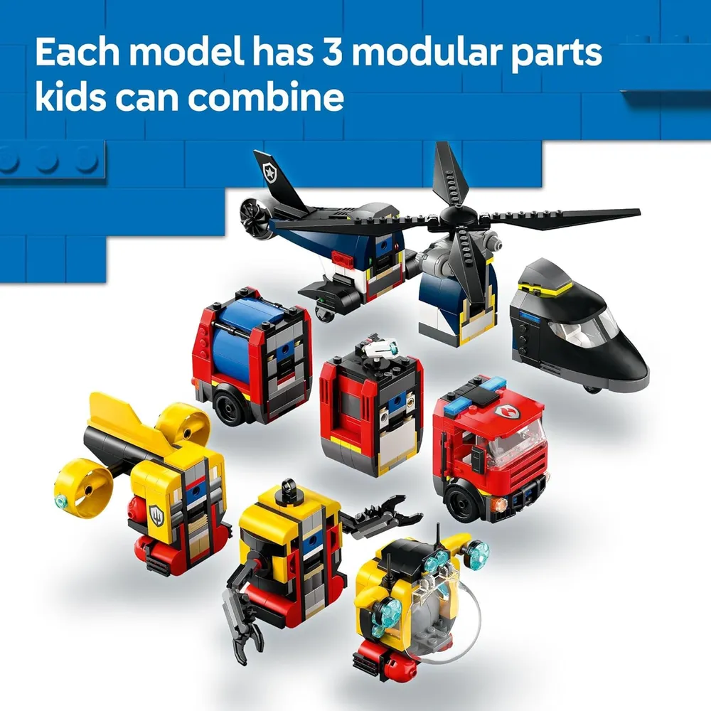 LEGO CITY HELICÓPTERO, CAMIÓN DE BOMBEROS Y SUBMARINO CON 3 MINIFIGURAS