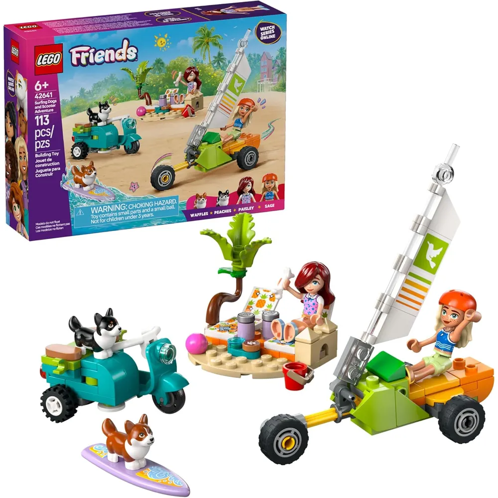 Lego Friends Perros surfistas y patinete, incluye 2 minimuñecas y 2 perros