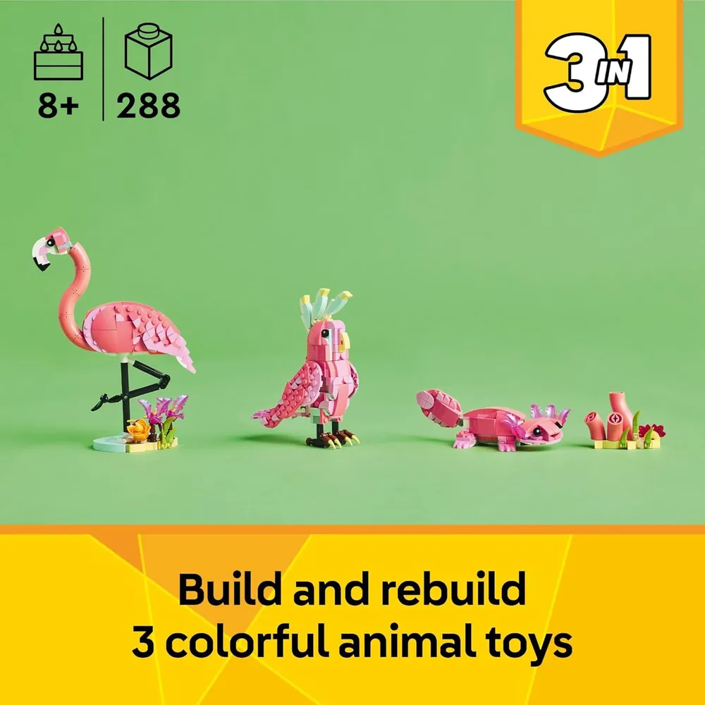 LEGO CREATOR 3 EN 1 ANIMALES SALVAJES: FLAMENCO, CACATÚA O AJOLOTE