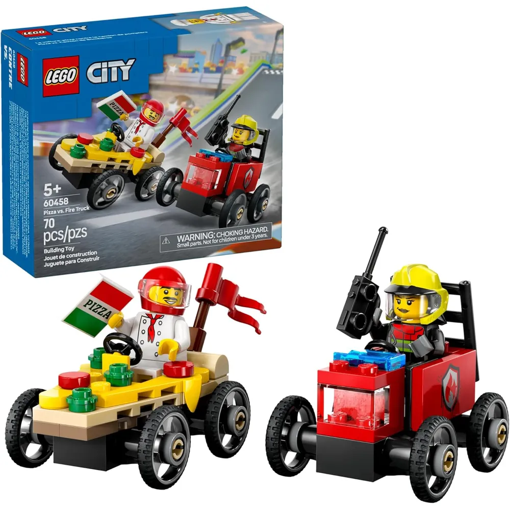 Lego City Pizza vs. Camión de Bomberos, incluye minifiguras de chef y bombero
