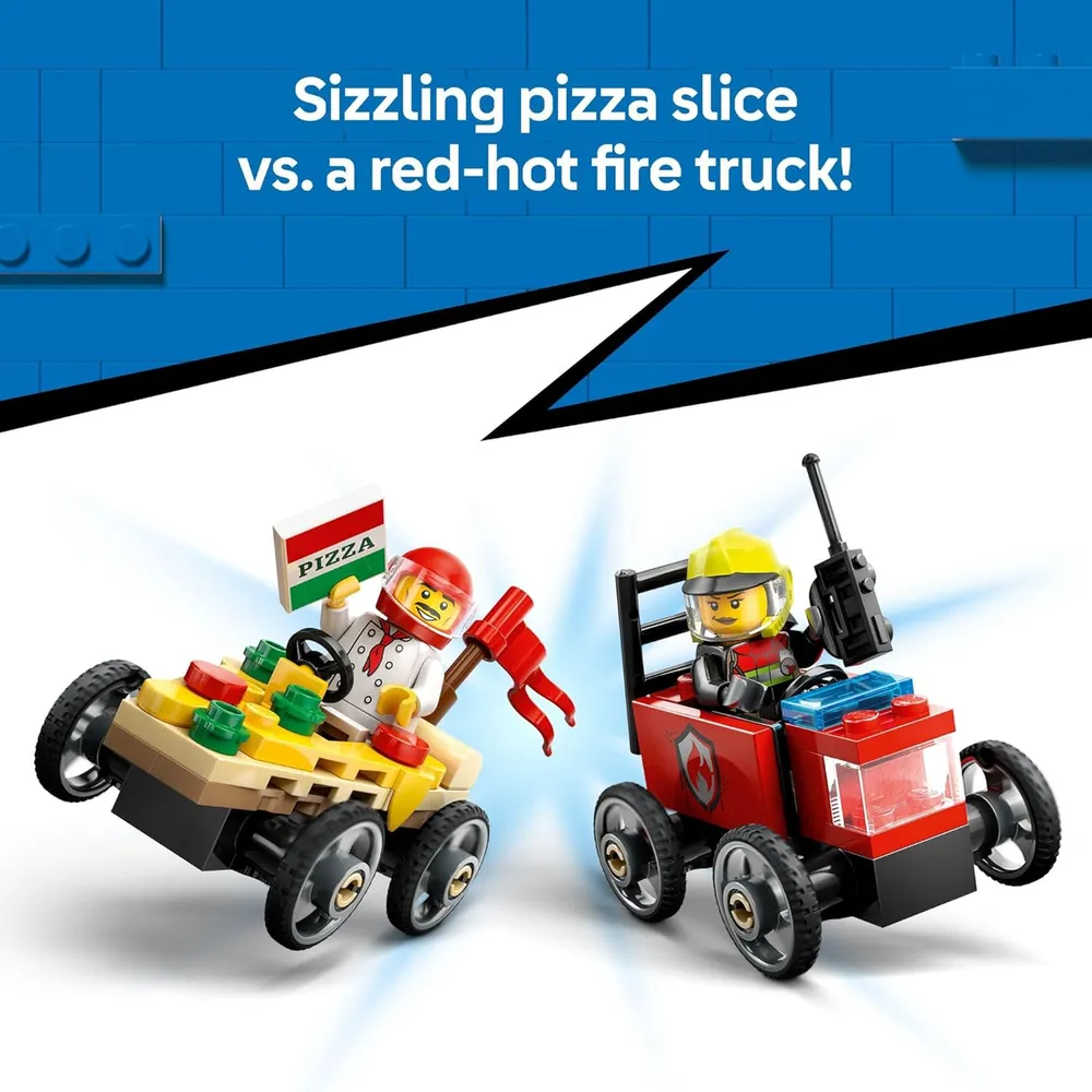 Lego City Pizza vs. Camión de Bomberos, incluye minifiguras de chef y bombero