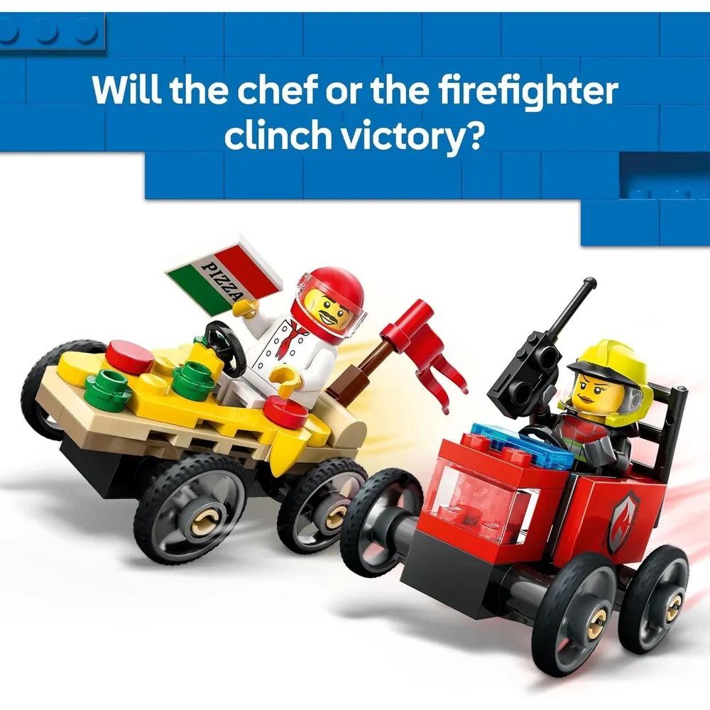 Lego City Pizza vs. Camión de Bomberos, incluye minifiguras de chef y bombero