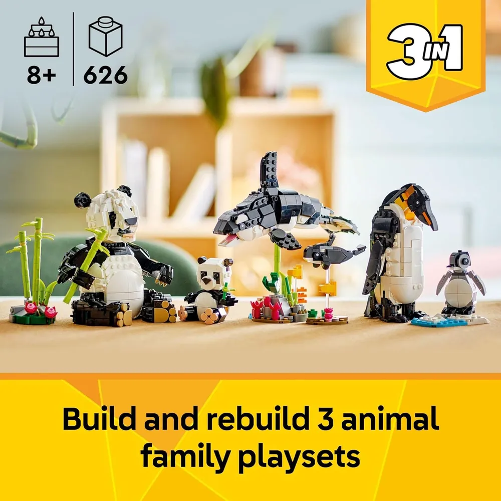 LEGO CREATOR 3 EN 1 FAMILIA DE ANIMALES SALVAJES: PANDA, PINGÜINO U ORCA