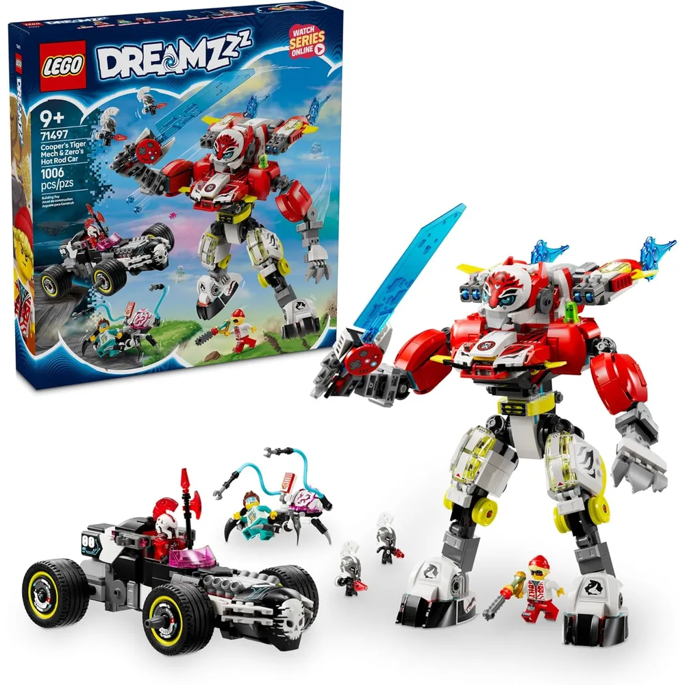Lego Dreamzzz Cooper's Tiger Mech y Zero's Hot Rod Car, robot de acción
