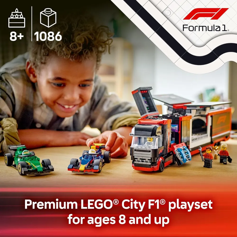 Lego City Camión F1 con coches RB20 y AMR24, set coleccionable