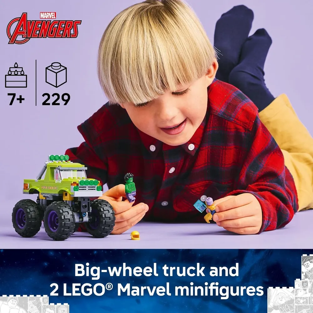 Lego Marvel Hulk Camión vs Thanos, camión monstruo con minifiguras