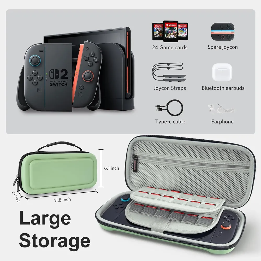 b0dj2ttpvl_1_webp.webp Estuche de Viaje Gran Capacidad para Nintendo Switch 2 | Verde Matcha