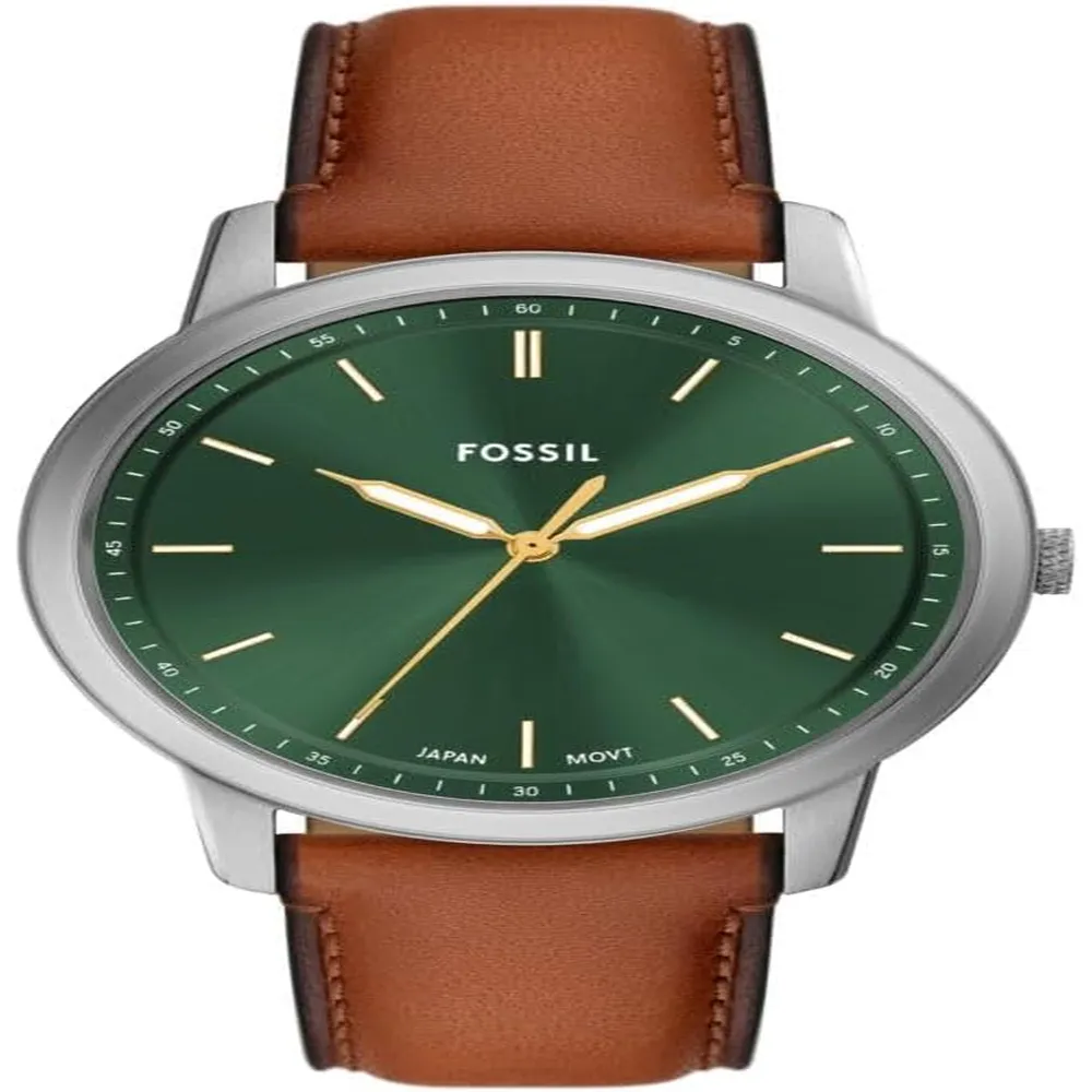 Fossil reloj minimalista de cuarzo para hombre con correa de cuero | 44 mm - Cuero Marrón/Plata/Azul