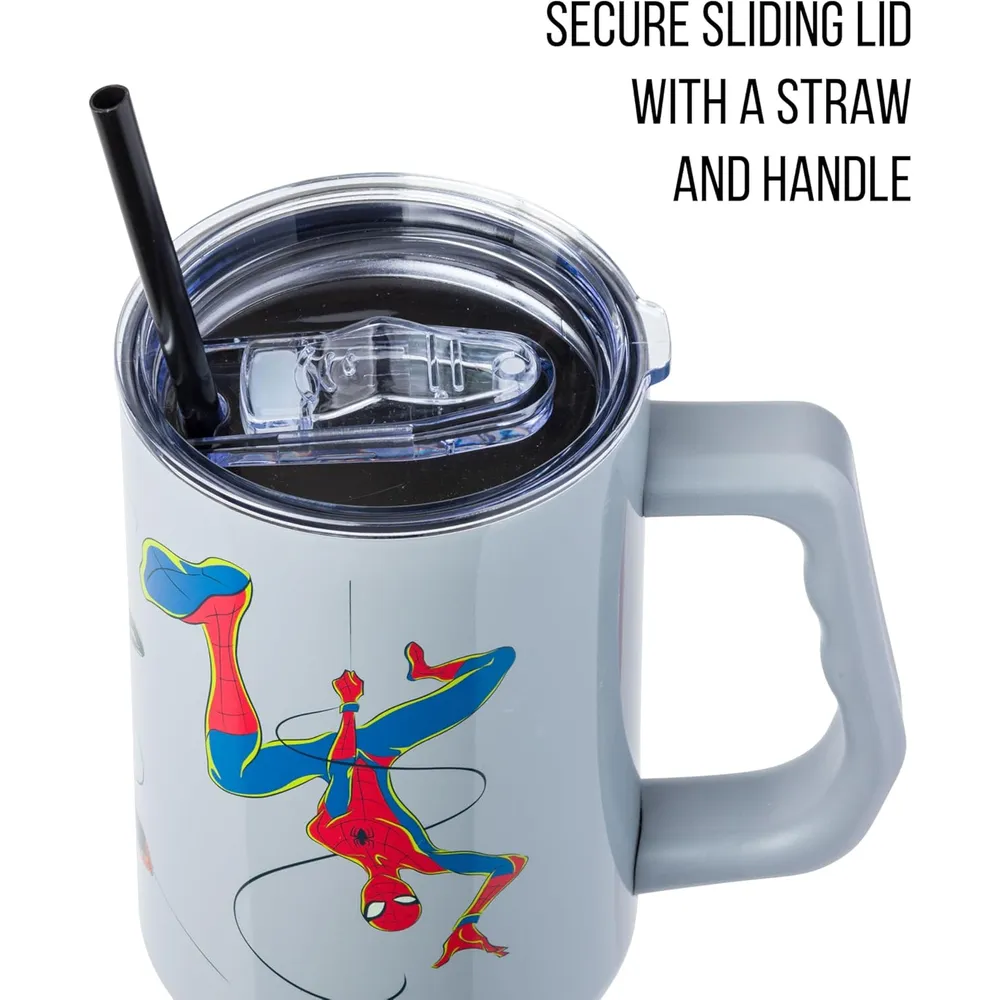 Marvel | Vaso de acero inóxidable con asa y pajita de 40 OZ | Spiderman Gris
