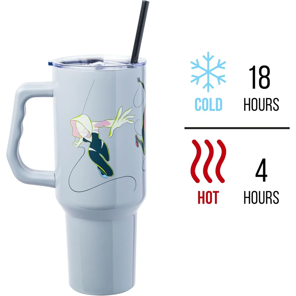 Marvel | Vaso de acero inóxidable con asa y pajita de 40 OZ | Spiderman Gris