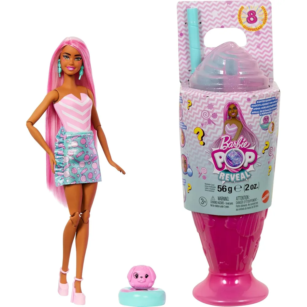 BARBIE POP REVEAL SWEET SWIRL MUÑECA CON MASCOTA Y SORPRESAS