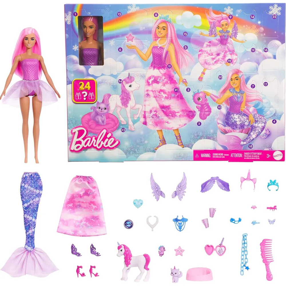 Barbie Calendario de adviento, 24 accesorios sorpresa, transforma muñeca en sirena y hada