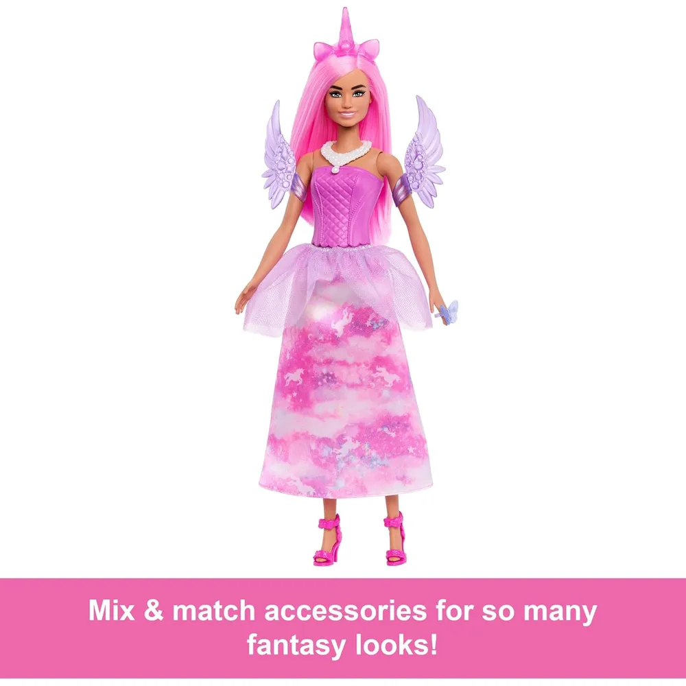 Barbie Calendario de adviento, 24 accesorios sorpresa, transforma muñeca en sirena y hada
