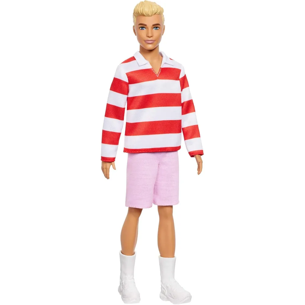 KEN BARBIE FASHIONISTAS MUÑECO RUBIO CAMISETA RAYAS ROJO