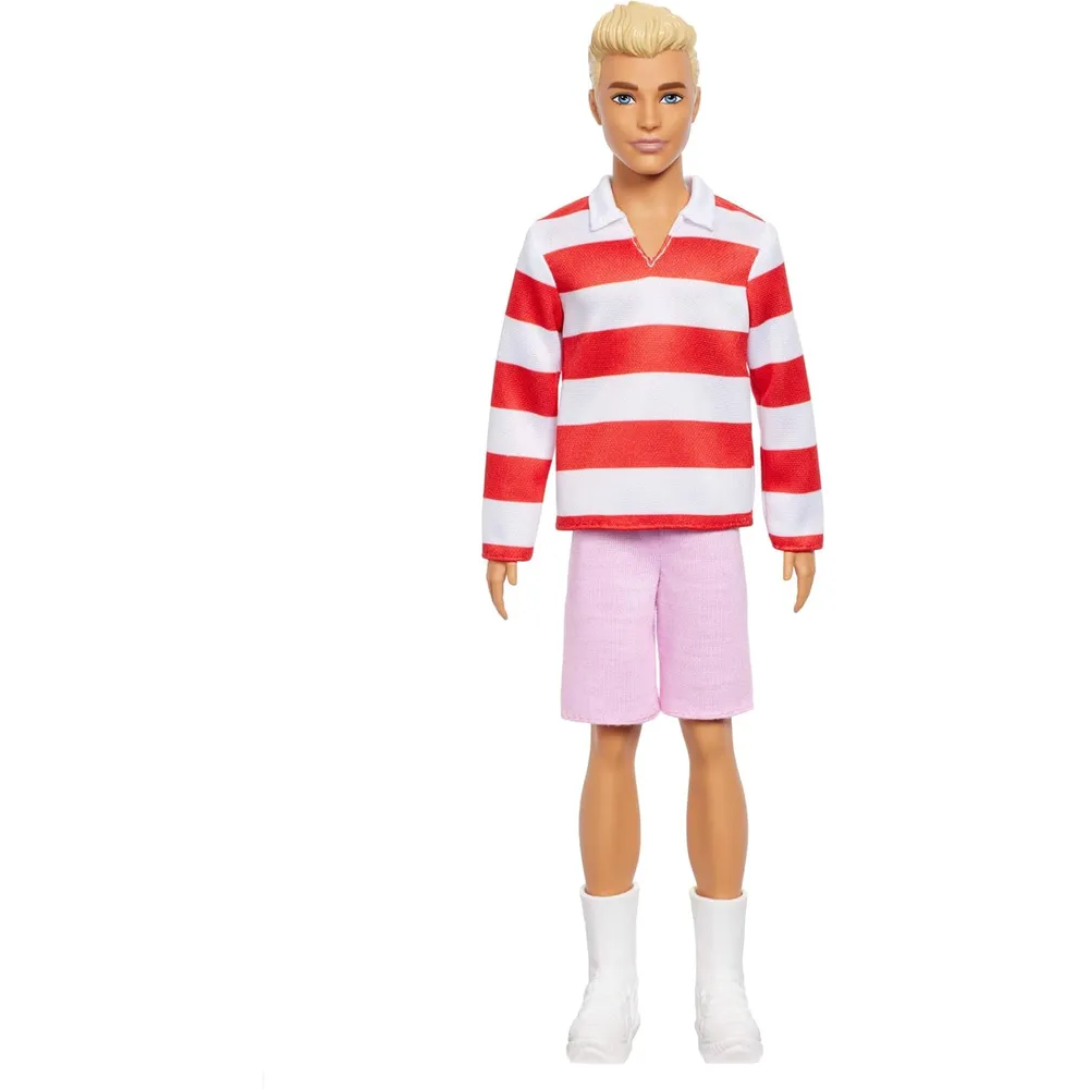 KEN BARBIE FASHIONISTAS MUÑECO RUBIO CAMISETA RAYAS ROJO